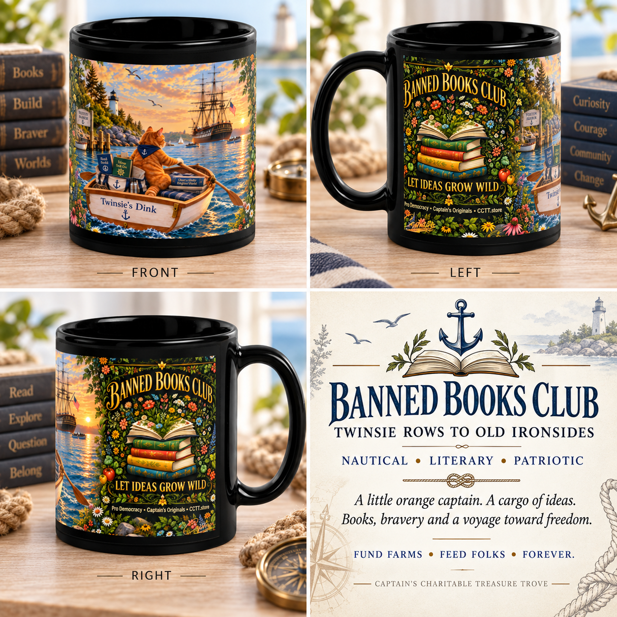 Banned Books Club Twinsie Rowing Books to USS Constitution Black Mug 11oz & 15oz