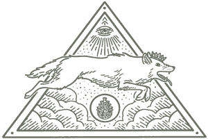 The Good Wolf Pyramid Mark with a hop, wolf, and all-seeing eye enclosed in a pyramid of clouds.