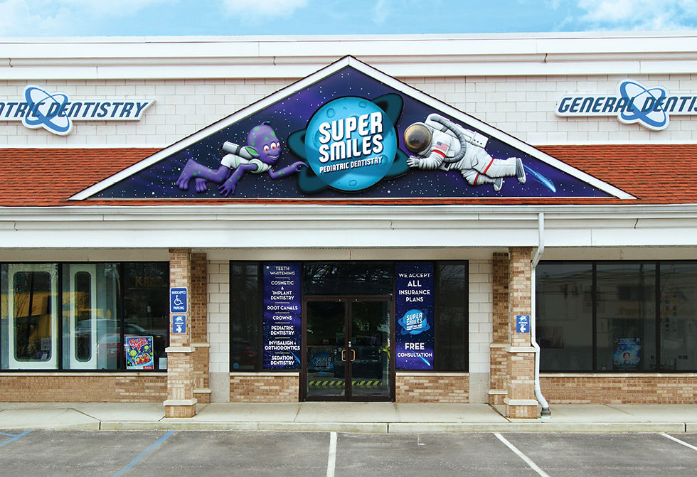 A space-themed storefront for a pediatric dentist, featuring an astronaut and an alien floating through space to catch visitors' attention.