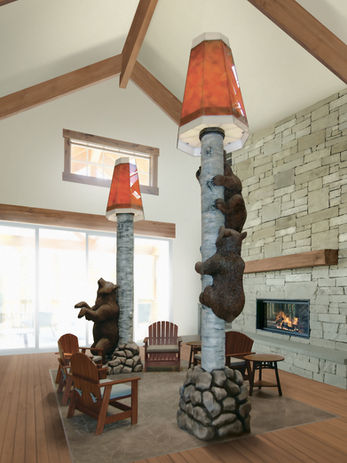 Rustic Woodland Hotel Lounge: Bear sculptures climb 2 tall lamps in a rustic hotel lobby, with a large stone fireplace and cozy chairs.
