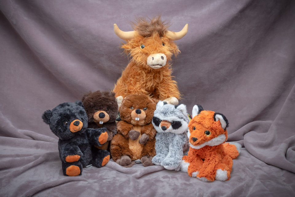 Organic buckwheat stuffed baby toys and a big stuffed hairy cow