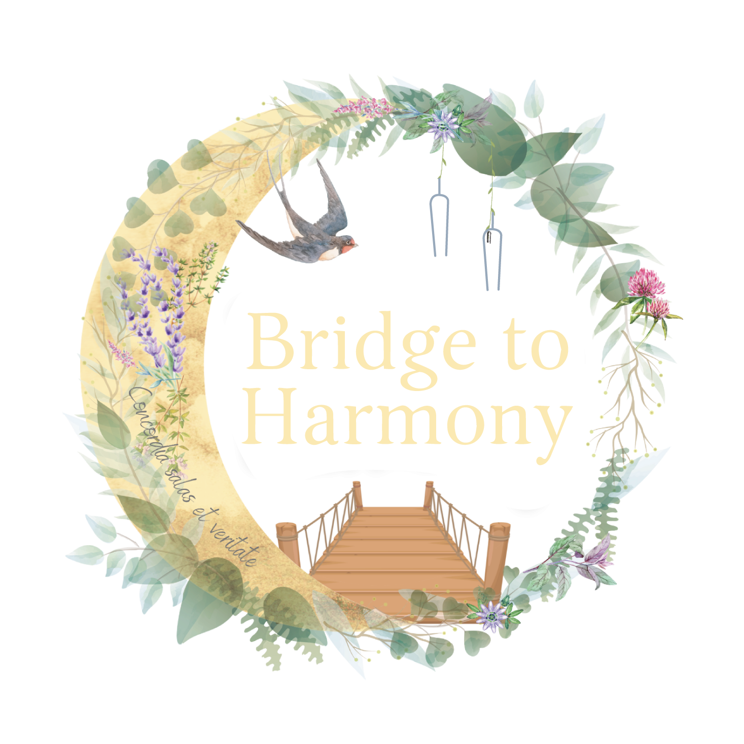 Logo for Bridgetoharmony in the form of a herbal wreath with a with a swallow bird and a tuning fork, also a bridge 