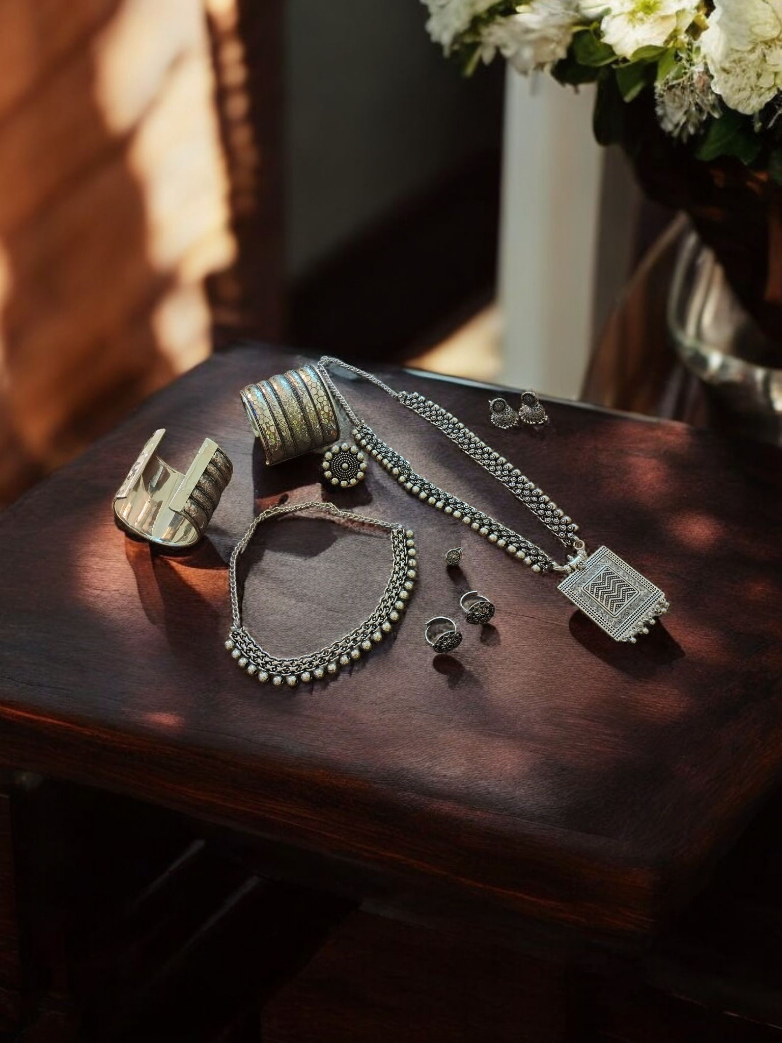 Oxidized German Silver Jewellery Set with Cuff, Necklace, & Ring Collection(OS3)