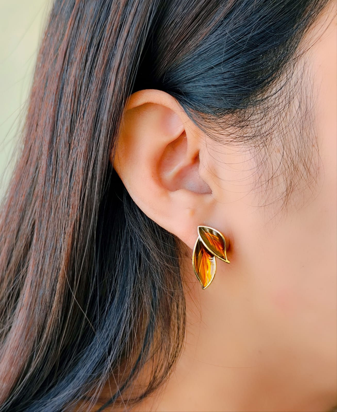 Amber Leaf Stud Earrings with Sterling Silver Post (FE128)