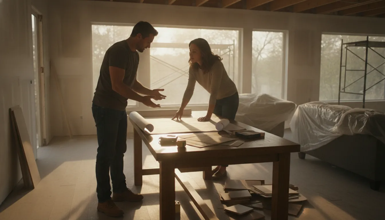 Contractor and homeowner reviewing a kitchen remodel plan with material samples
