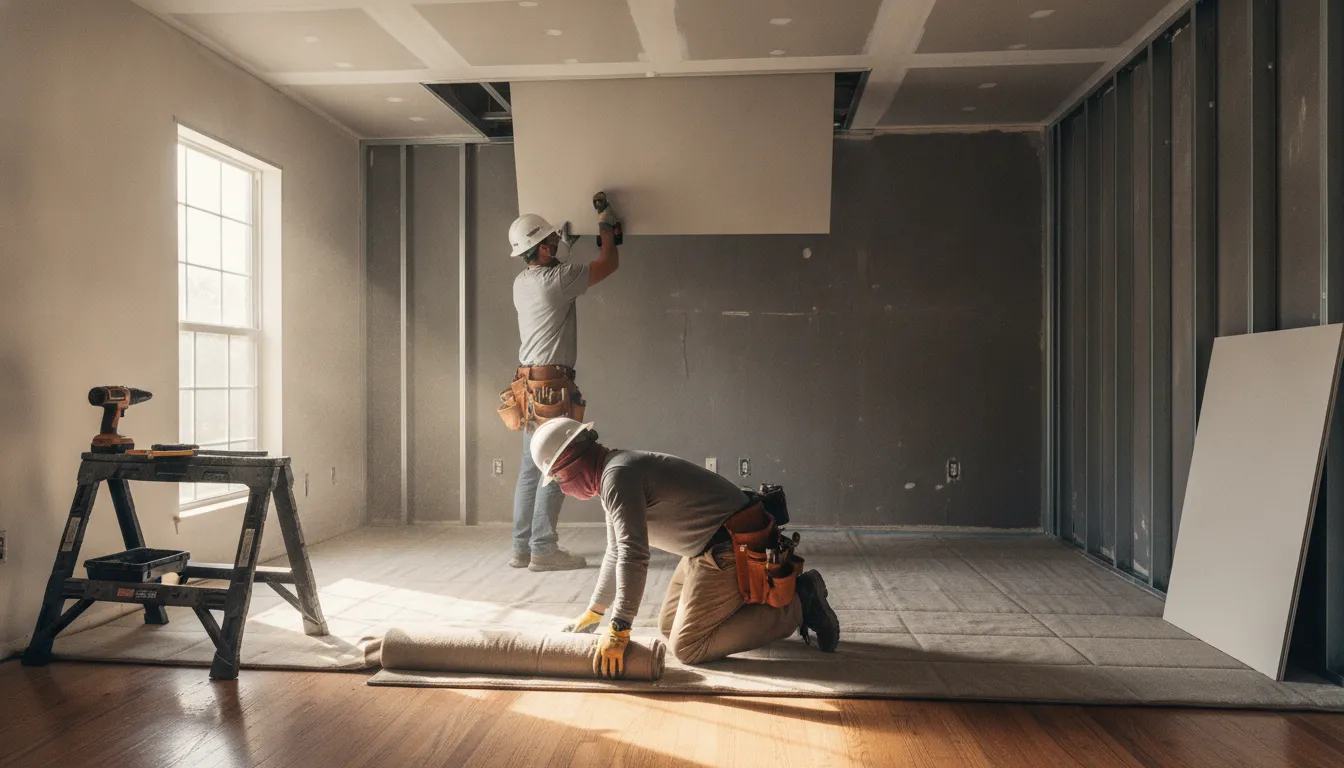 Austin reconstruction crew installing drywall during a fire damage rebuild