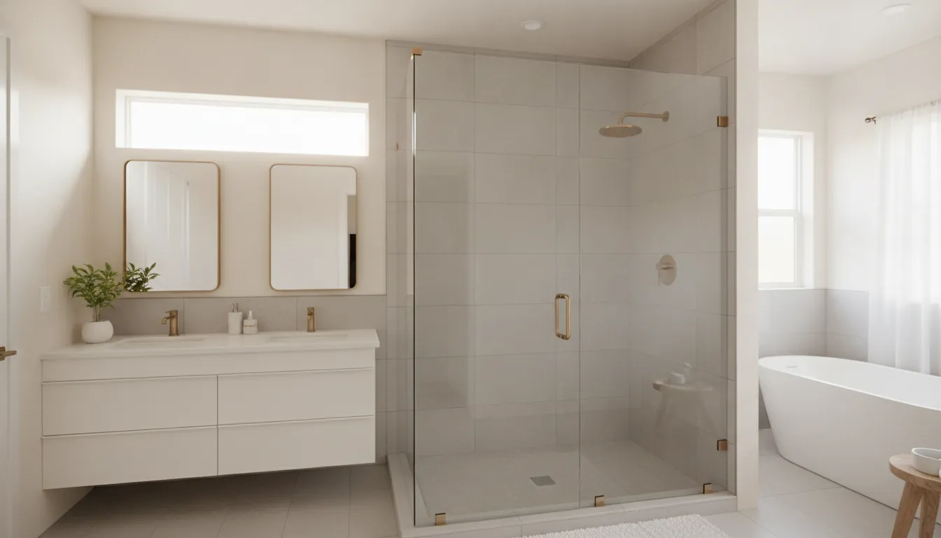 Frameless glass walk-in shower remodel in an Austin bathroom with large format tile and a curbless entry