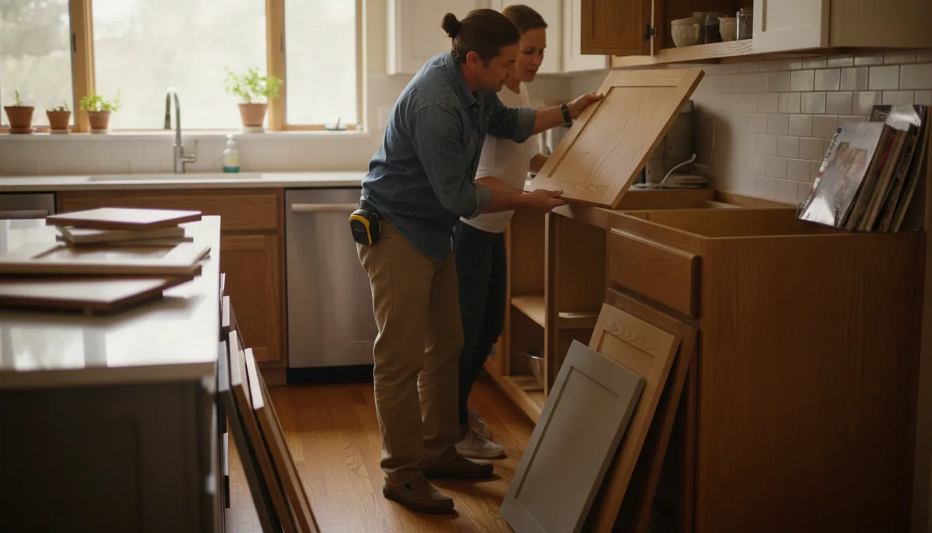 Austin homeowner and remodeling contractor comparing cabinet doors and box condition