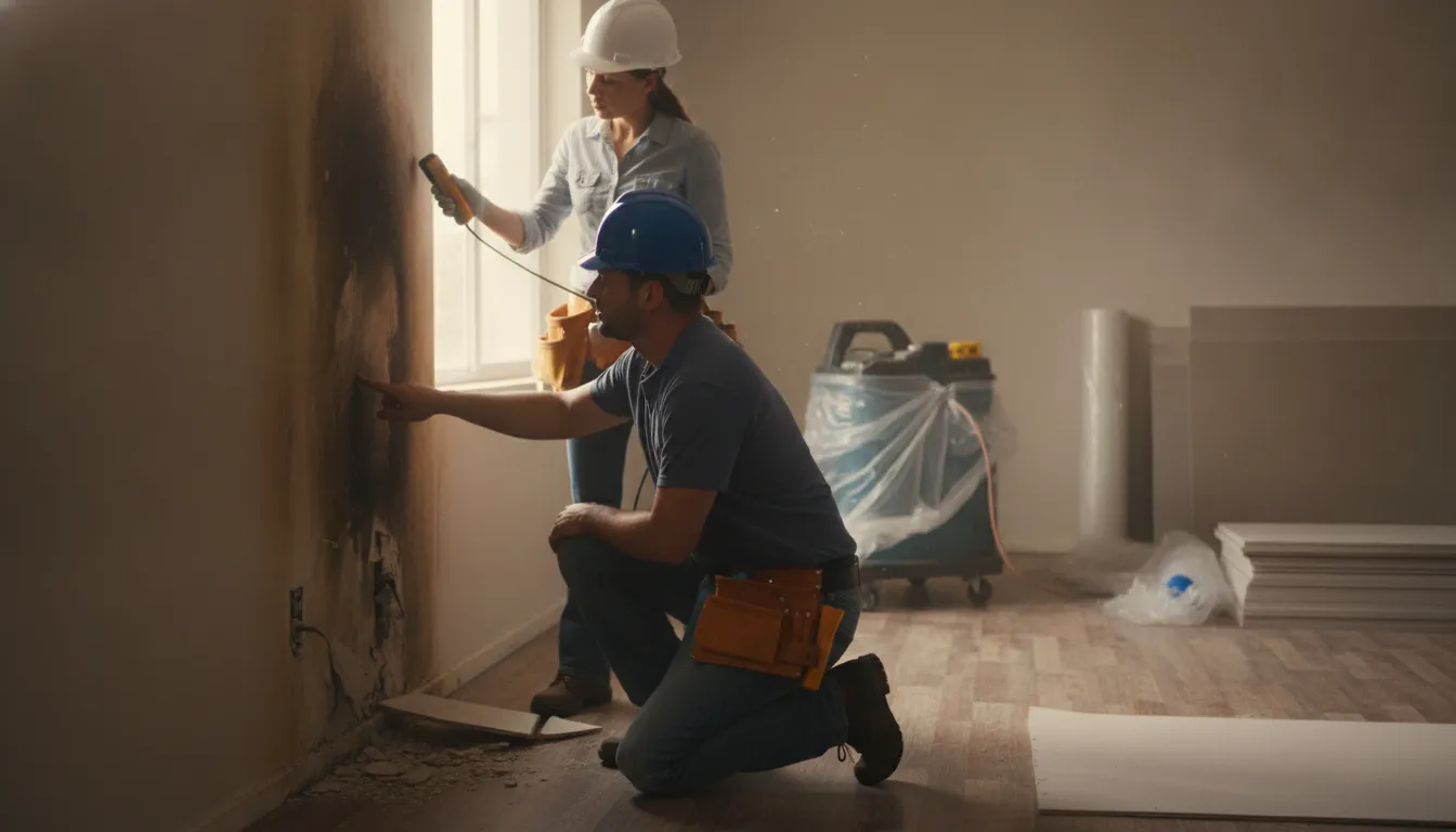 Construction professionals inspecting water damaged drywall and flooring during an Austin restoration project