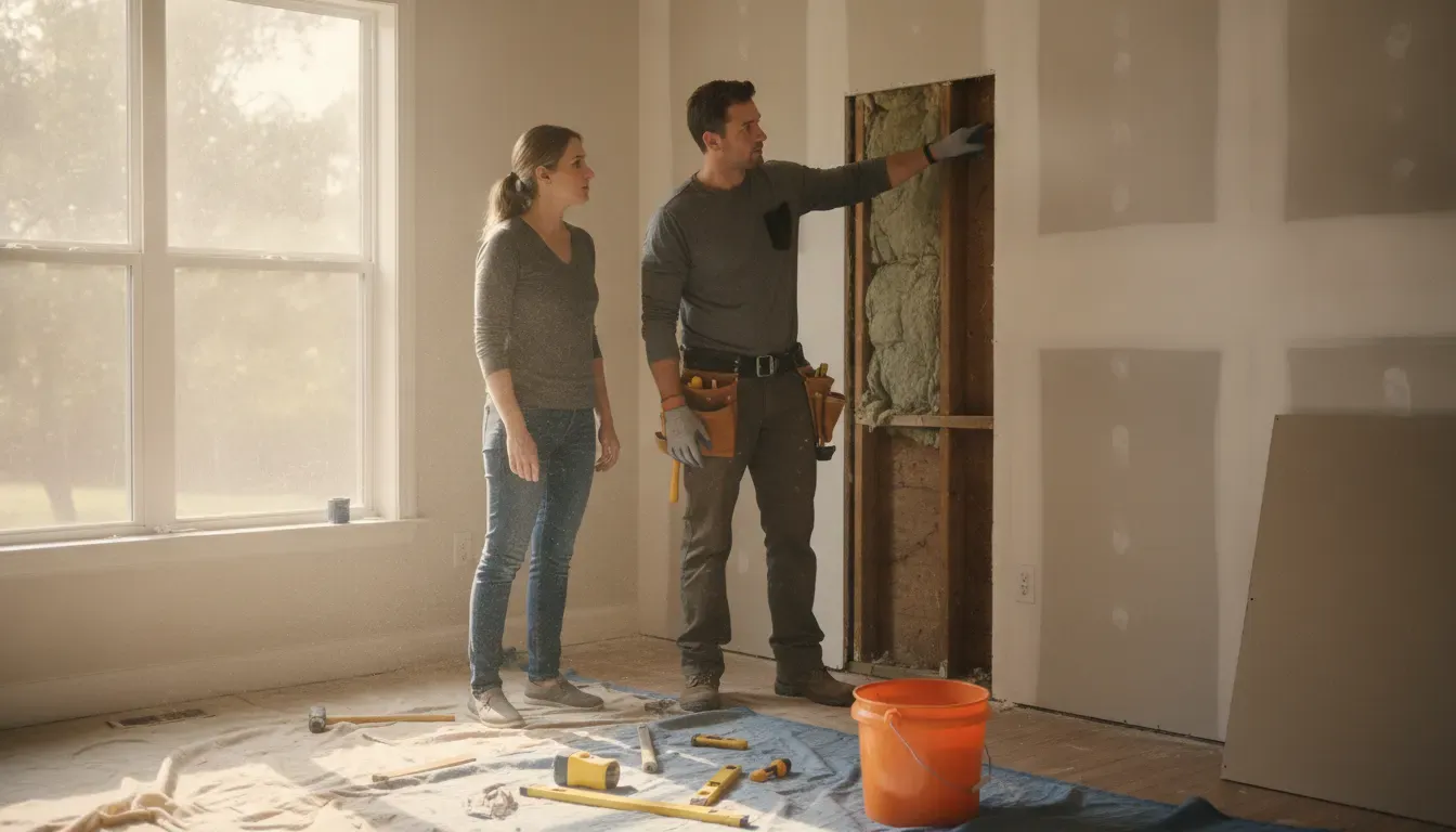 Reconstruction contractor inspecting drywall damage with an Austin homeowner