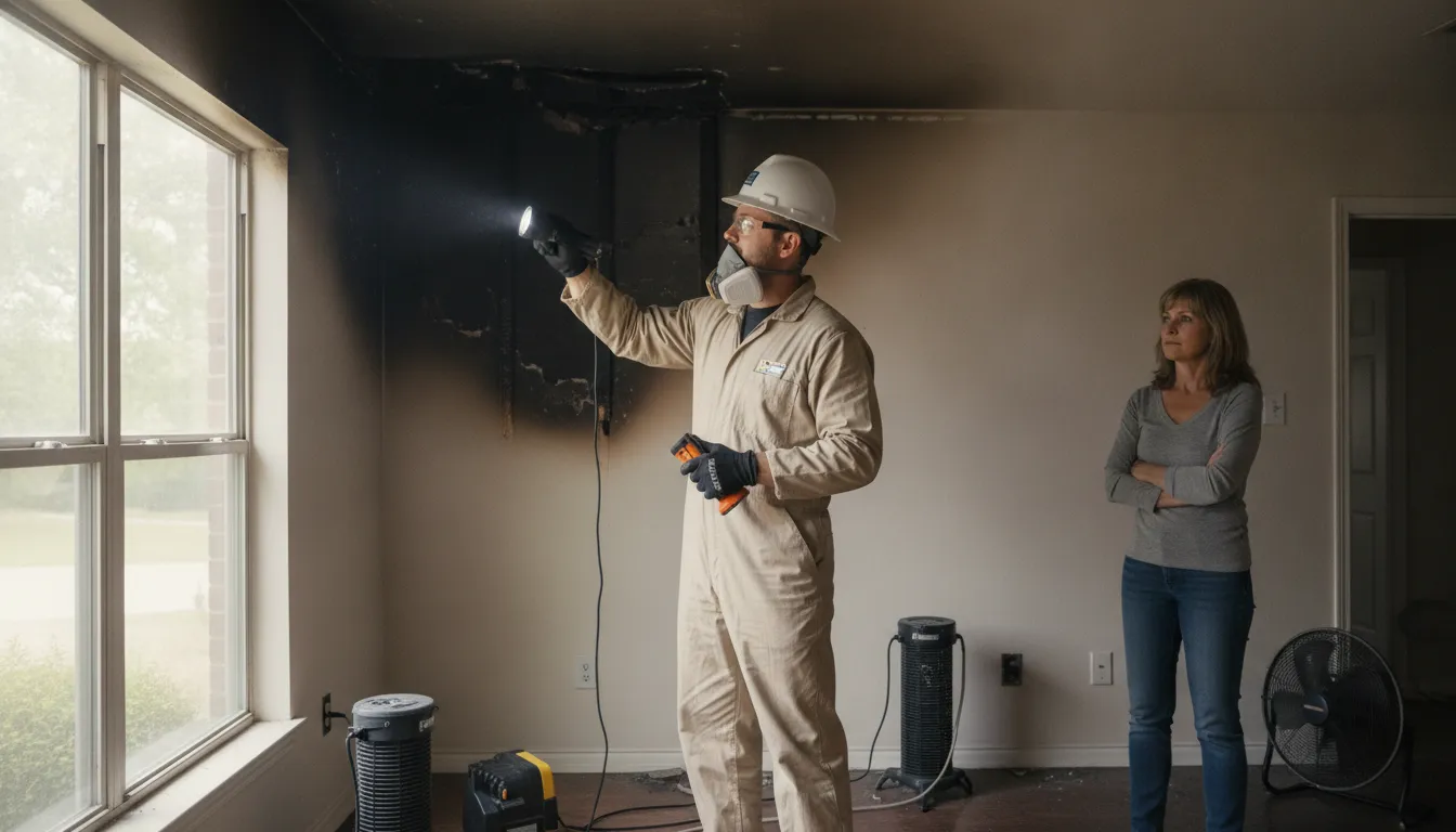 Restoration professional assessing smoke and fire damage inside an Austin home