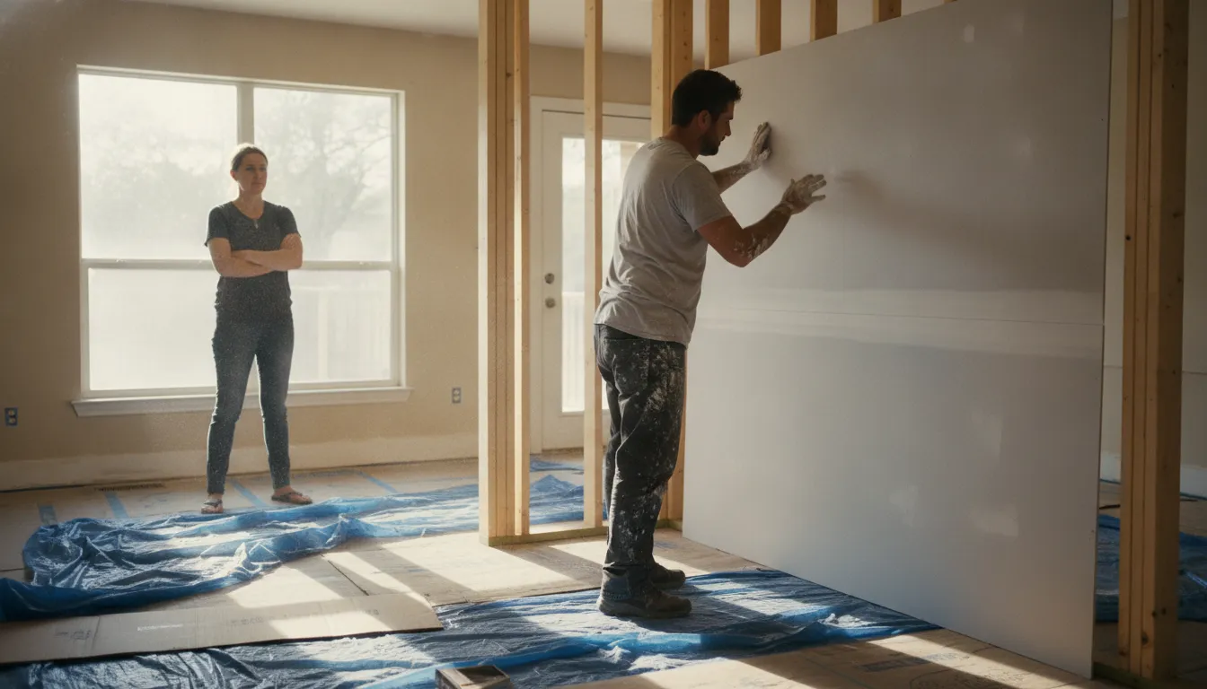 Austin water damage rebuild with a contractor installing new drywall