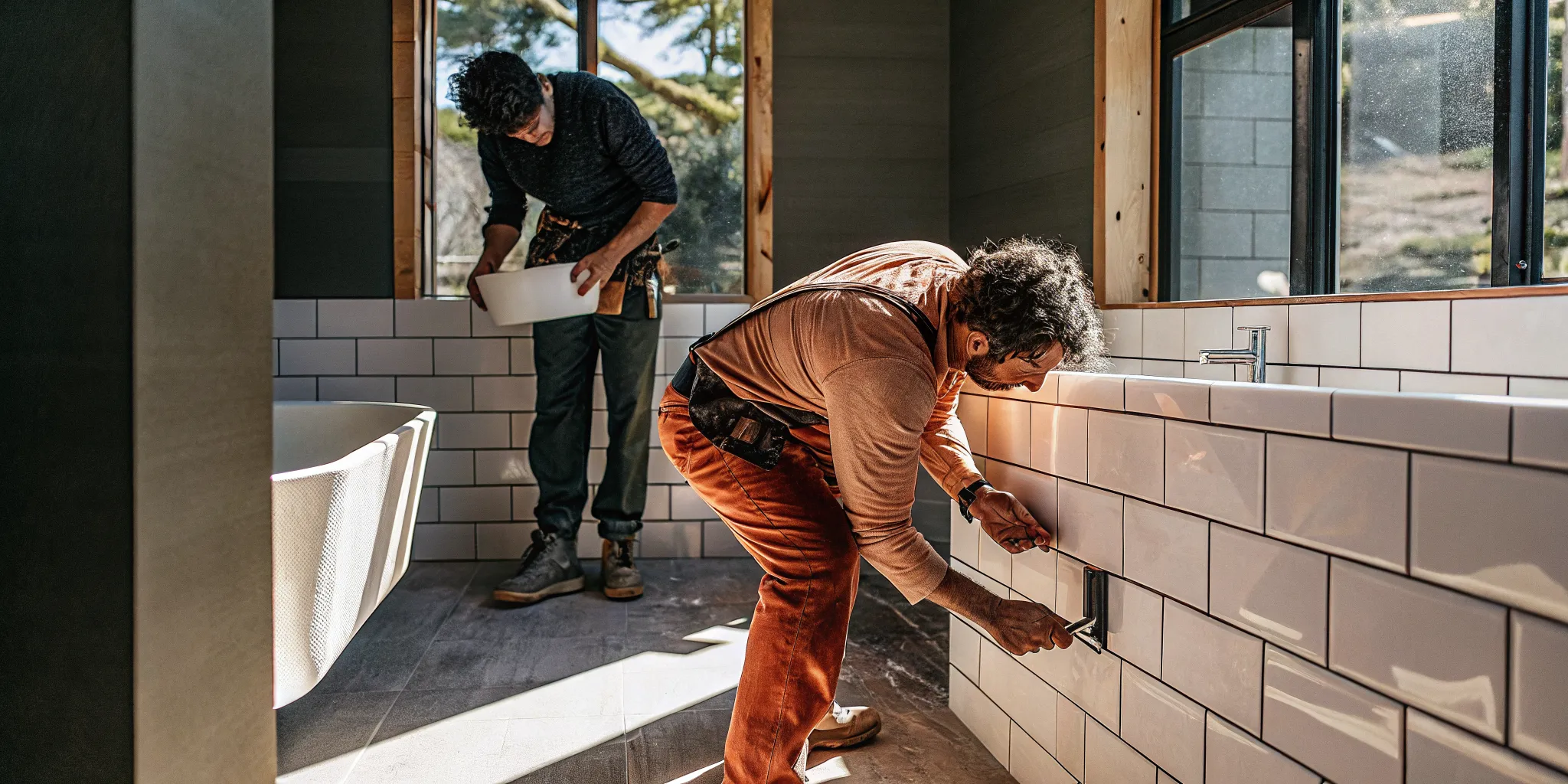 Contractor installing white subway tile during a bathroom remodel cost austin tx project