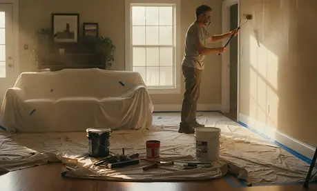 Painter applying a smooth coat of warm neutral paint to an Austin home's interior wall.web