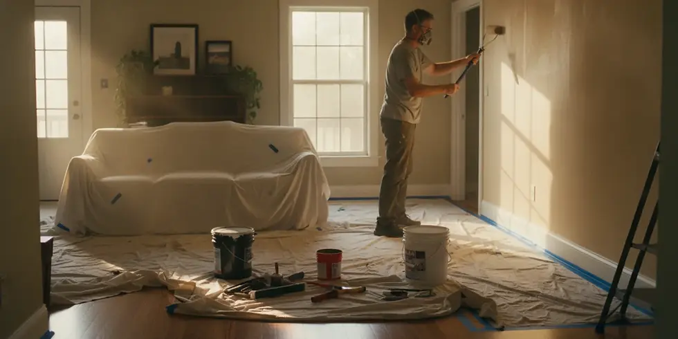 Painter applying a smooth coat of warm neutral paint to an Austin home's interior wall
