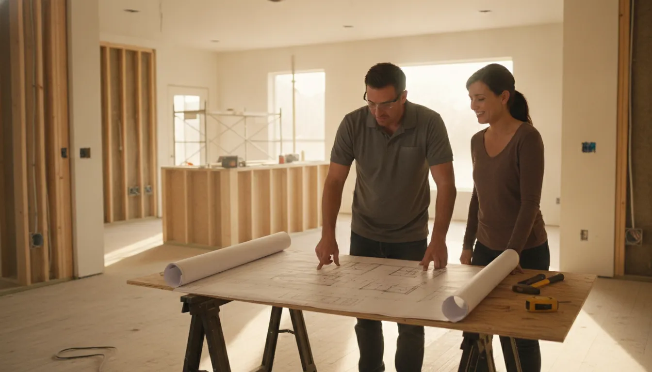 Rhino Renovations contractor reviewing a full home renovation cost estimate in Austin TX with a homeowner inside a remodeled kitchen