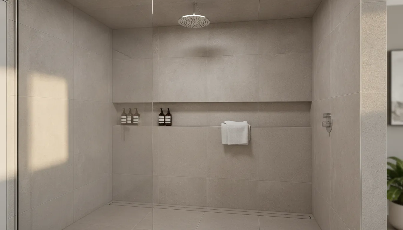 Fully tiled walk-in shower with a recessed niche and rainfall showerhead after an Austin remodel