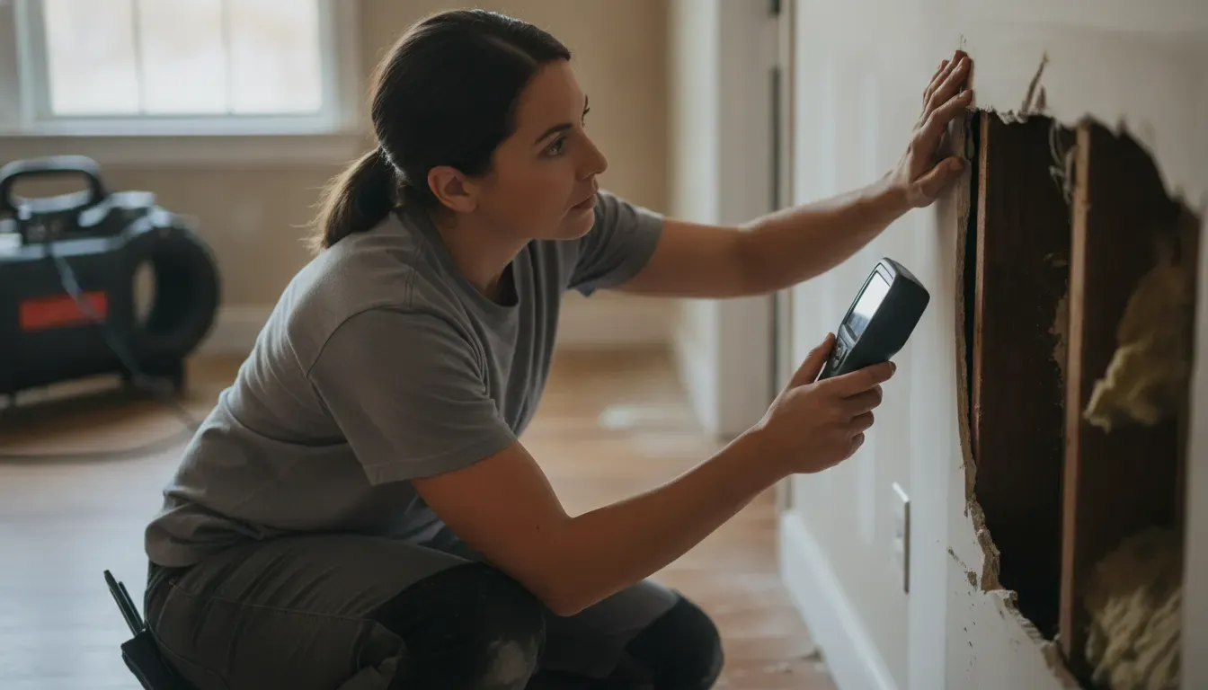 Water damage contractor checking a wall with a moisture meter during an Austin home inspection