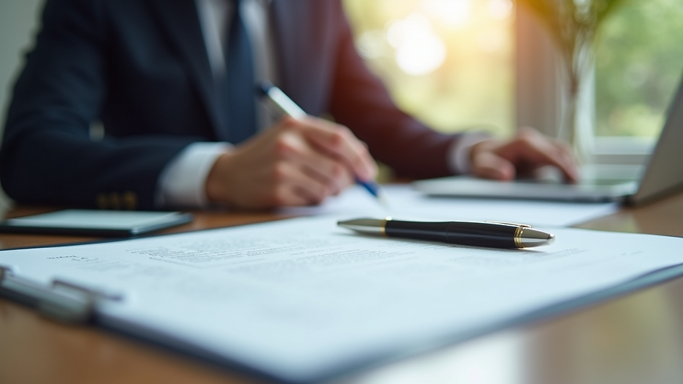 Close-up view of legal documents and a pen on a desk