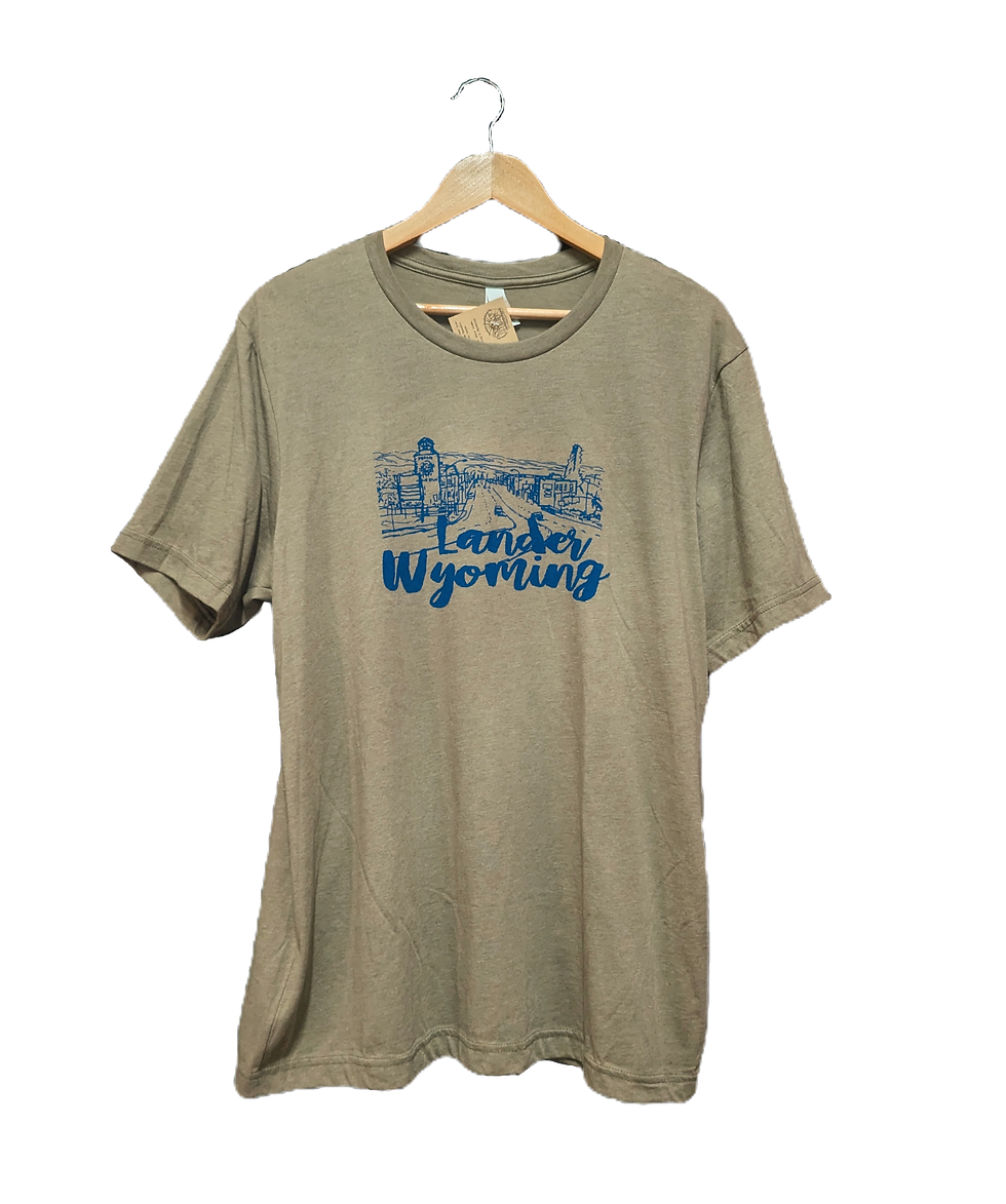 Thumbnail: Olive t-shirt with Lander city design (drawing of Lander main street with the words "Lander Wyoming")