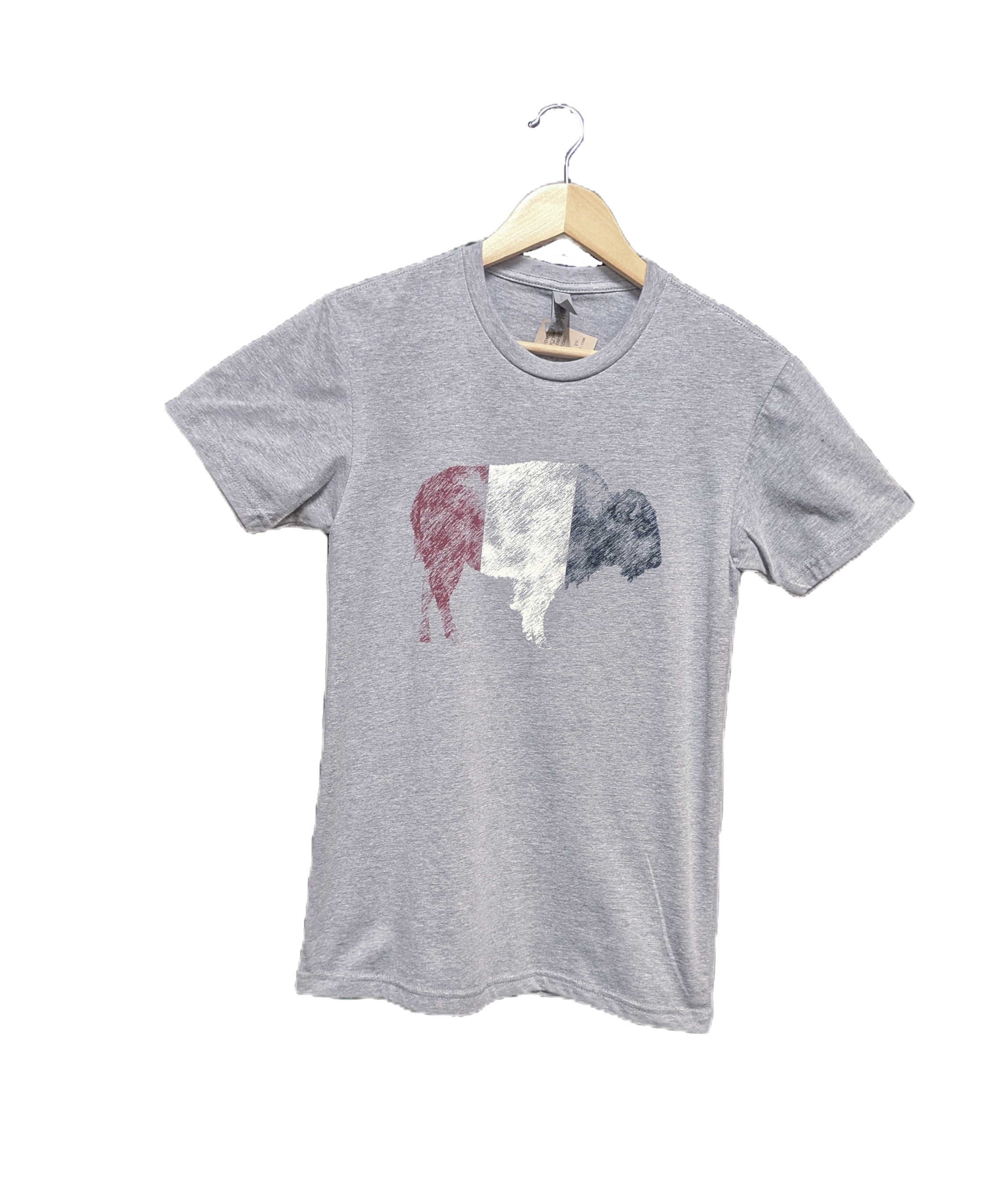 Grey t-shirt with red, white, and blue bison print