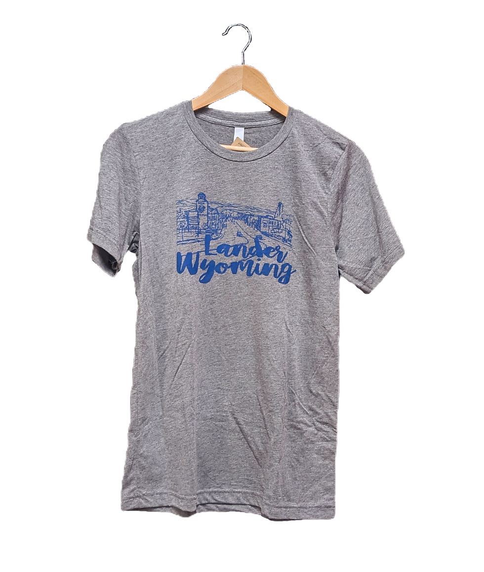 Thumbnail: Heathered grey t-shirt with Lander city design (drawing of Lander main street with the words "Lander Wyoming")