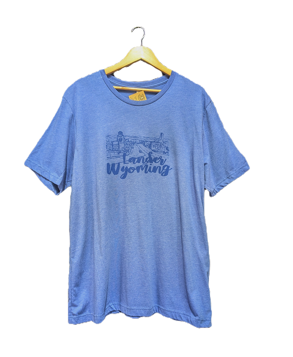 Thumbnail: Blue t-shirt with Lander city design (drawing of Lander main street with the words "Lander Wyoming")