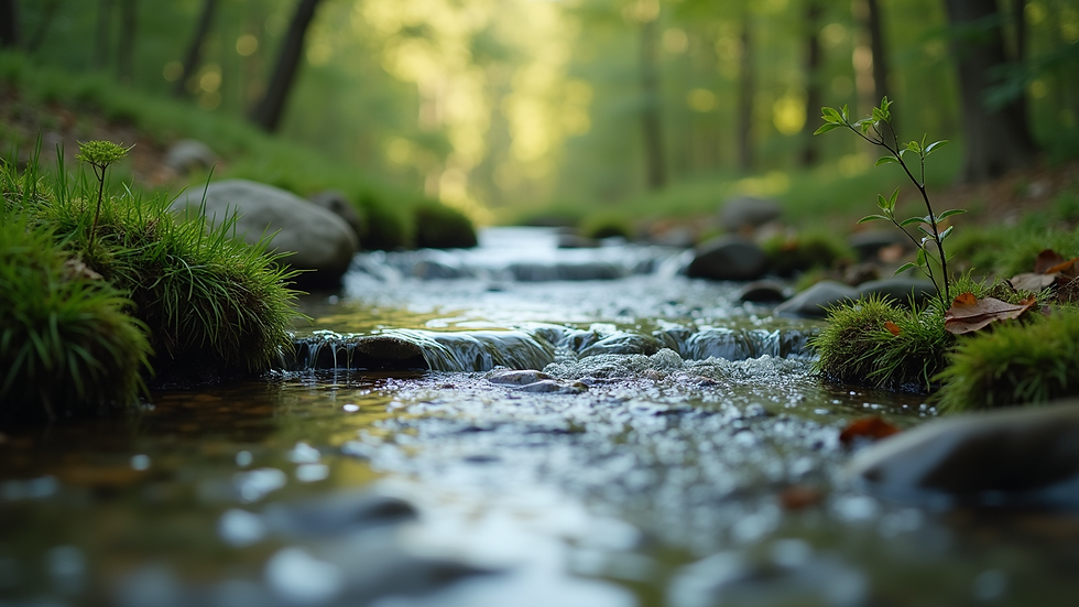 Close-up view of a serene nature scene with a flowing stream