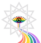 the 13th mystic logo with 1 point sacred geometry star and rainbow eye in the center with rainbow pathway below the eye