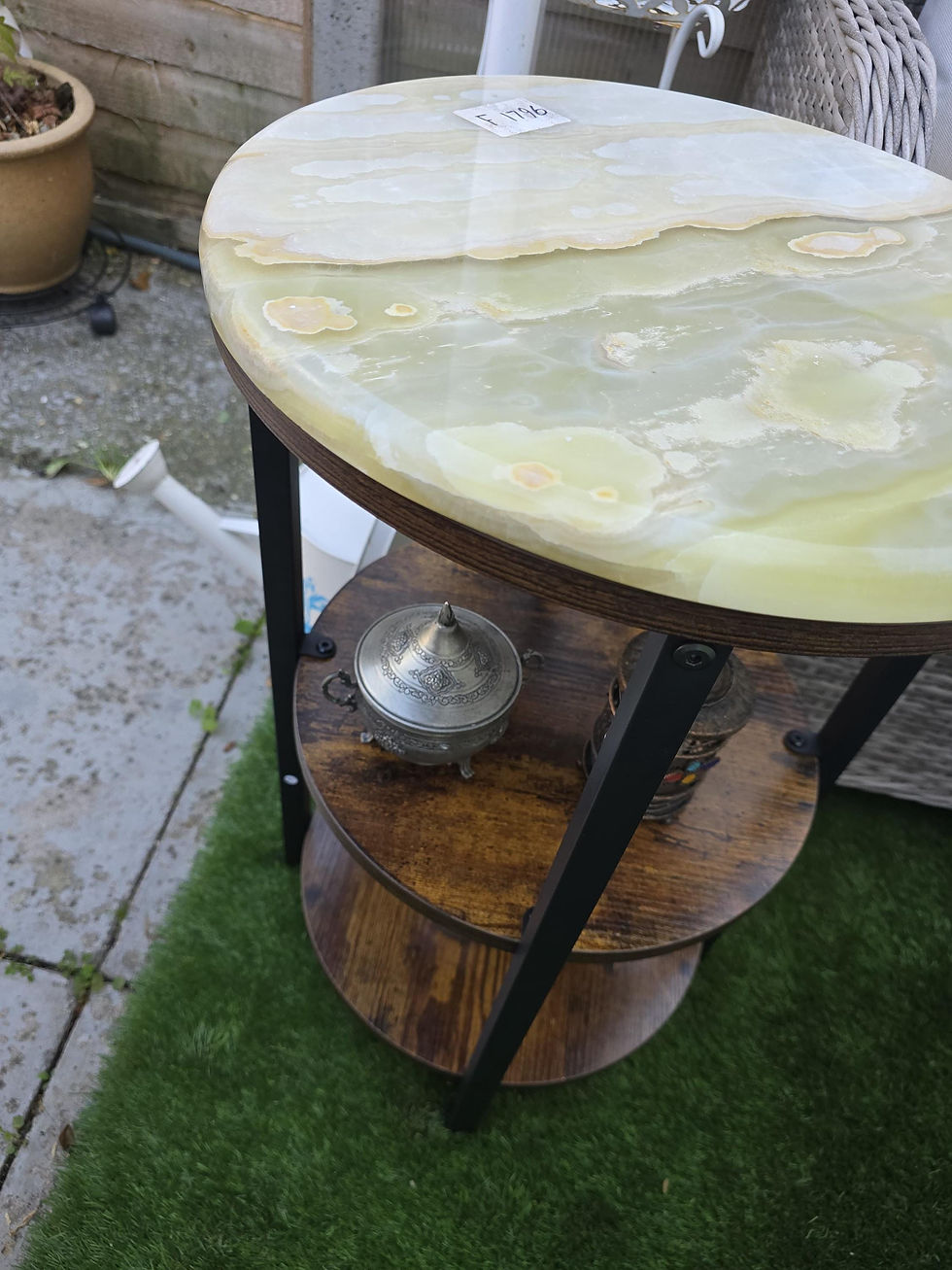 Thumbnail: Natural Green Onyx Side Table – Round Stone Top with Rustic Metal Frame &