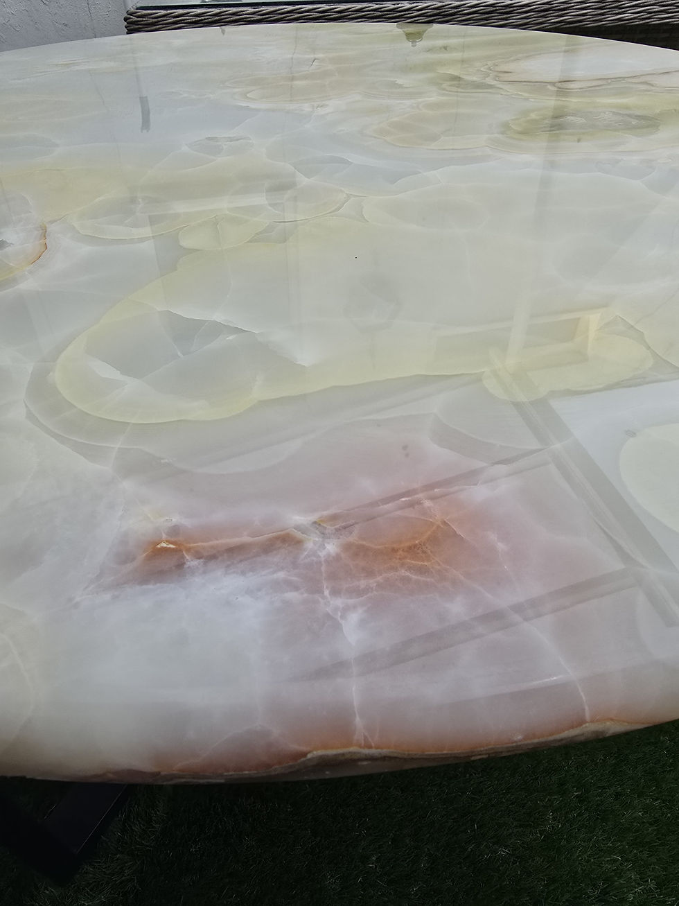 Thumbnail: Large Green & White Onyx Coffee Table – Natural Round Stone Top on Sleek, Modern