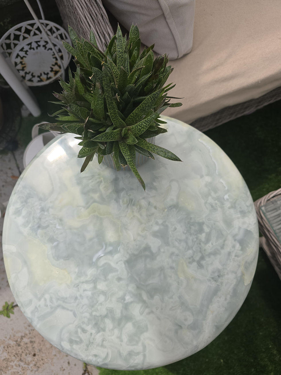 Thumbnail: Blue-Green Cloud Onyx Side Table – Swirled Natural Stone Top Sofa Table Luxury