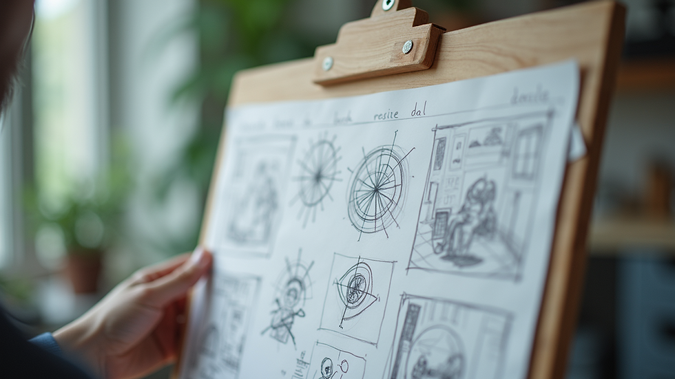 Close-up view of a storyboard with sketches and notes