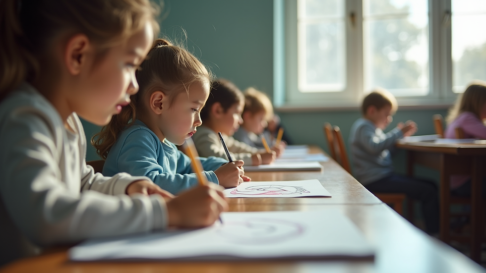 Eye-level view of a classroom with students drawing and focusing on their artwork