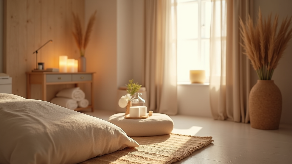 Eye-level view of a cozy wellness room with a foot detox setup