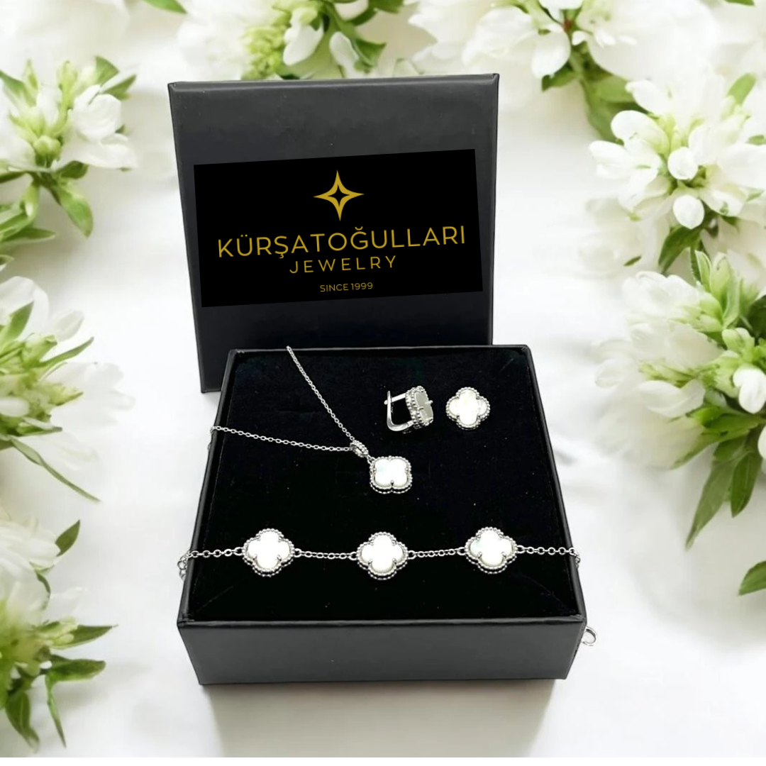 925 Ayar Gümüş 3 Parça Kadın Dört Yonca Takı Seti, Kadın Takı Seti,