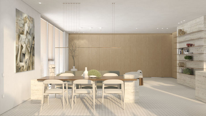 A look from the dining area, at an Architectural and interior design renderings showcasing modern living room with wooden wall that covers an entertaintment unit, futurender, eliran algov

הדמיות עיצוב פנים אלירן אלגוב