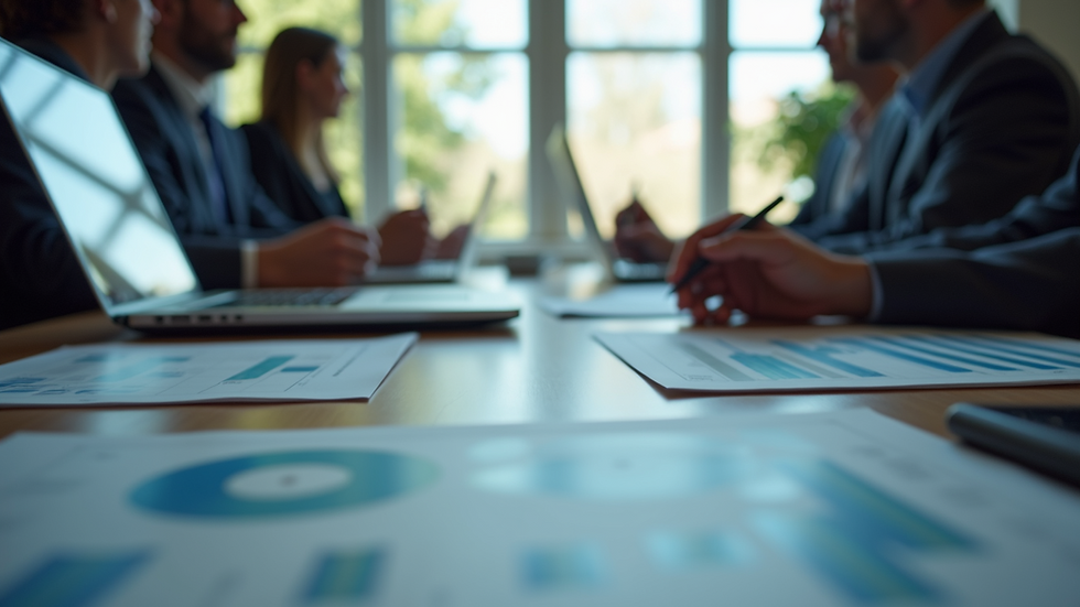 Eye-level view of a business meeting with charts and laptops