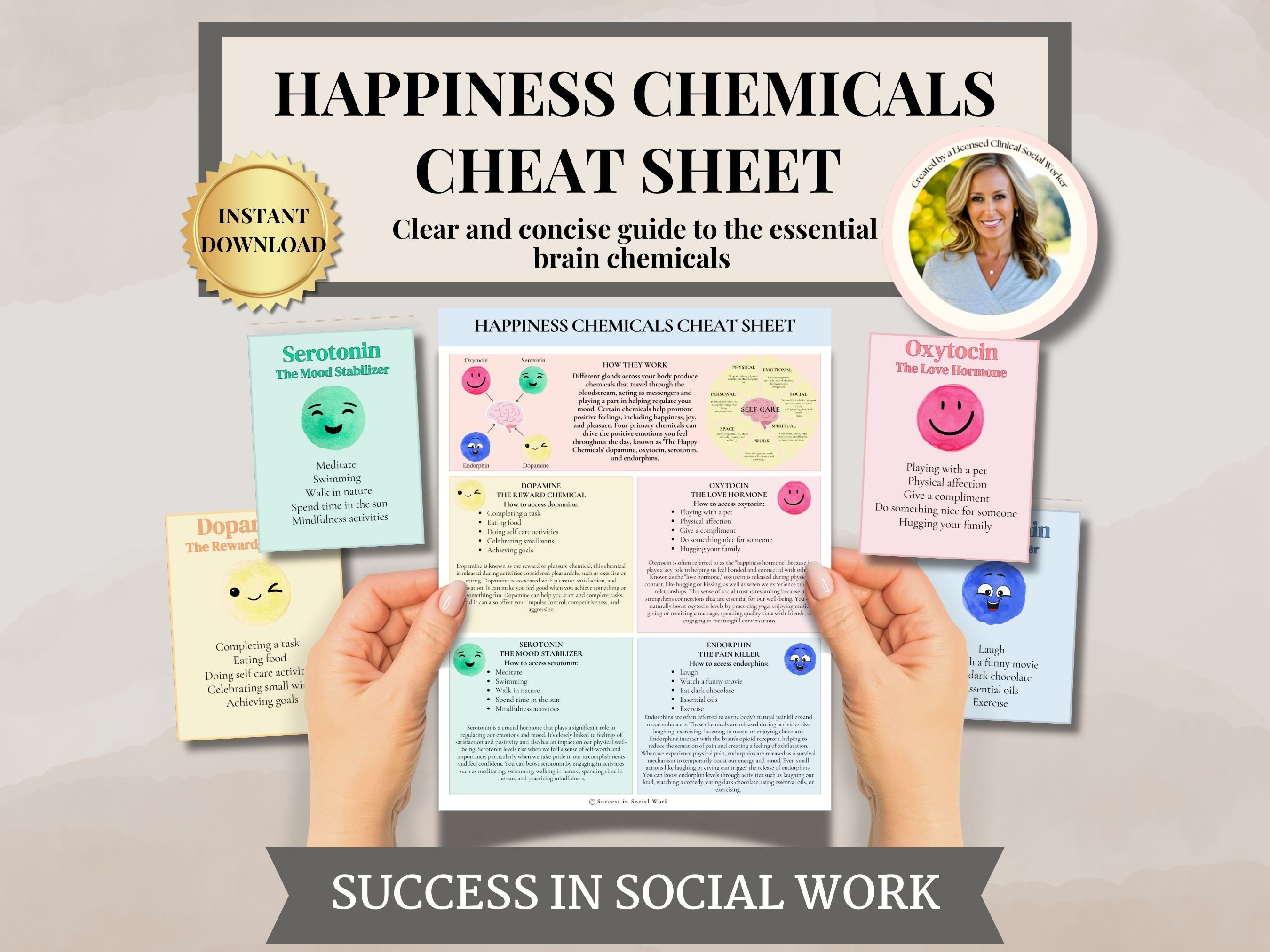 Happiness chemicals printable cheatsheet and flashcards, therapy worksheets