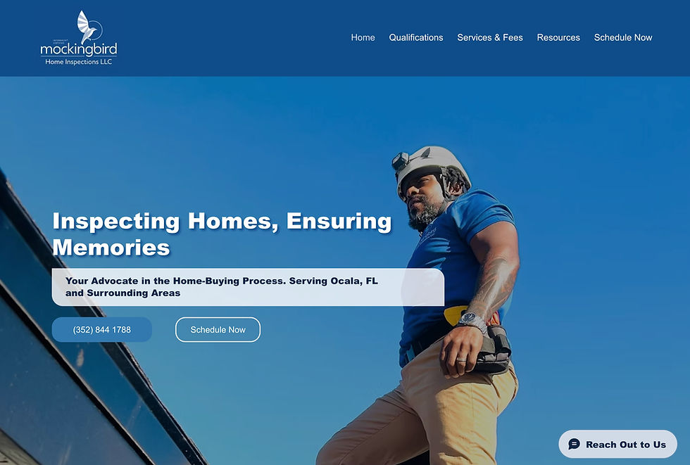 Desktop mockup of home inspector website with white text and a blue background with an inspector standing on a roof.