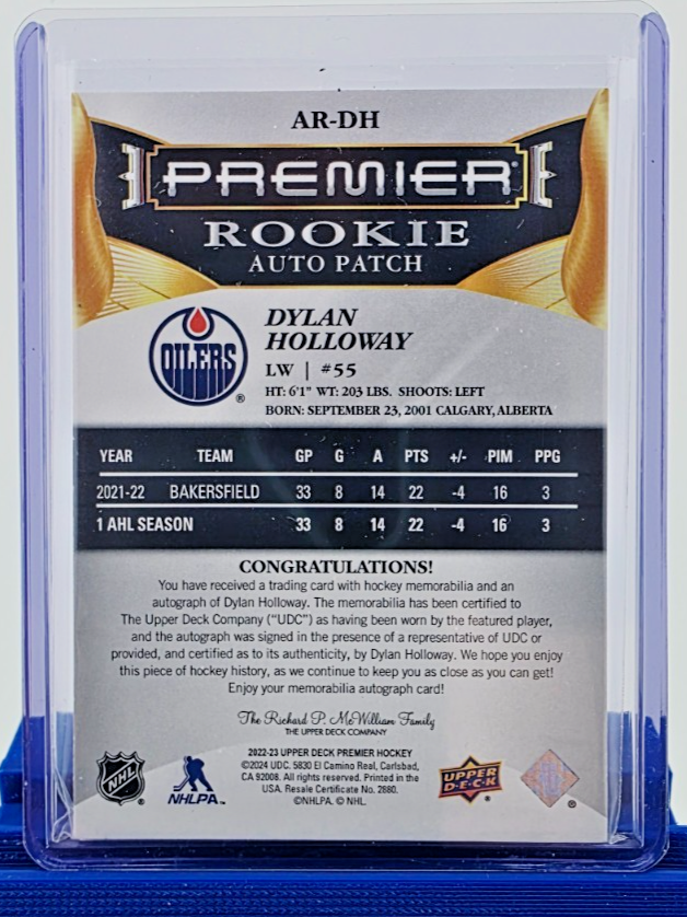 Thumbnail: 2022-23 Upper Deck Premier Dylan Holloway Acetate Rookie Auto Patch #AR-DH /249