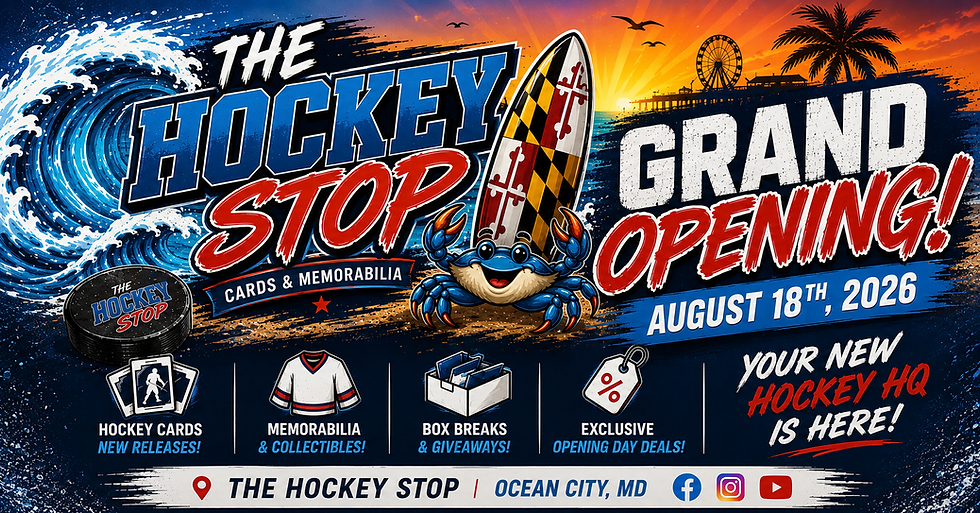 Wide landscape Grand Opening promotional banner for The Hockey Stop with Maryland flag surfboard and crab mascot