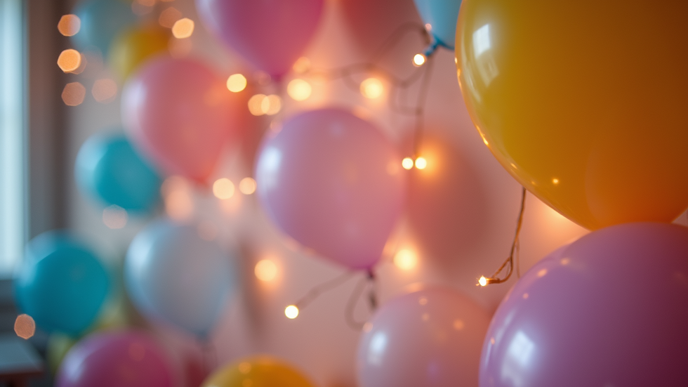 Close-up view of colourful balloons and fairy lights decorating a party room