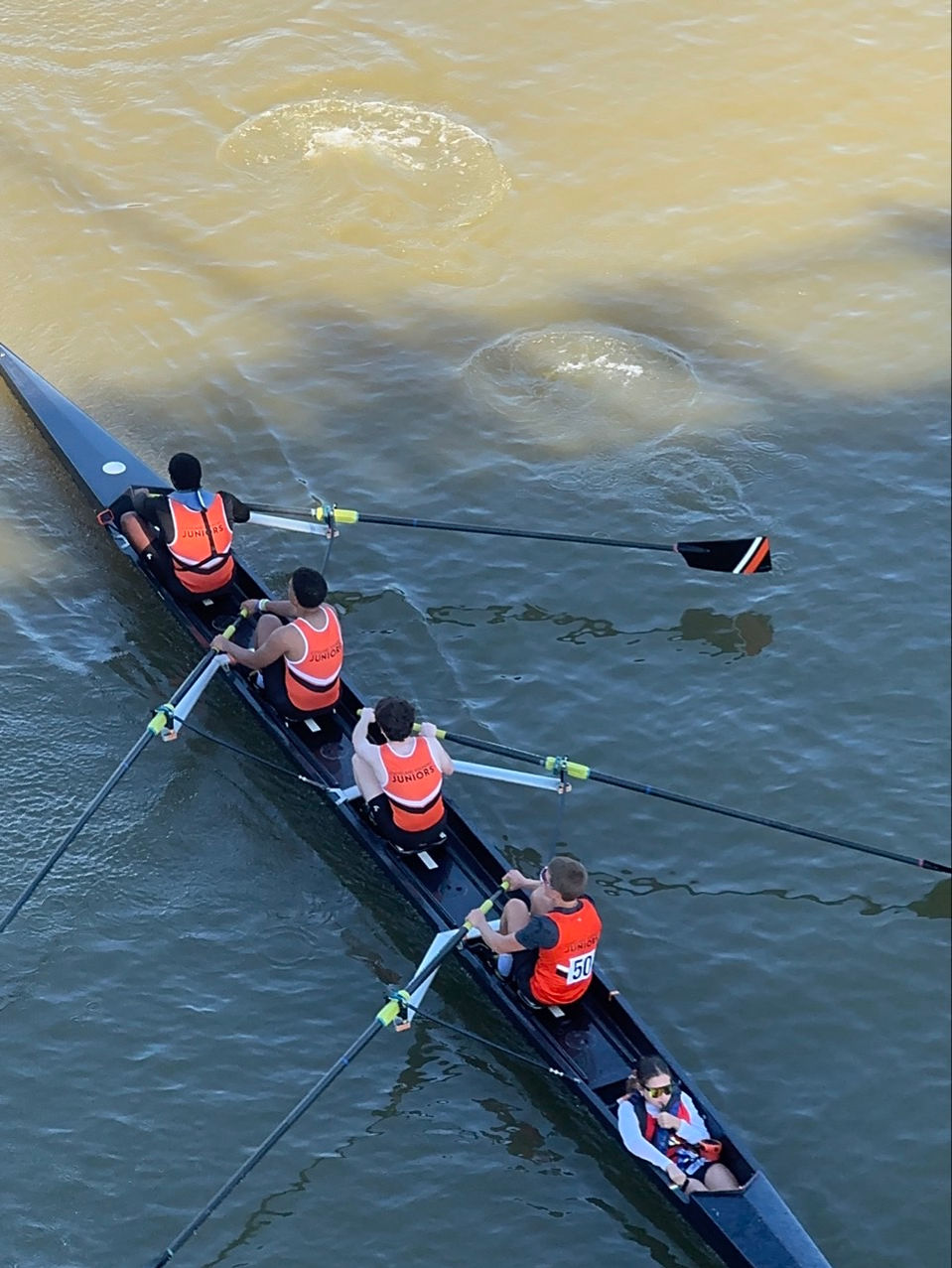Four rowers in a boat on water