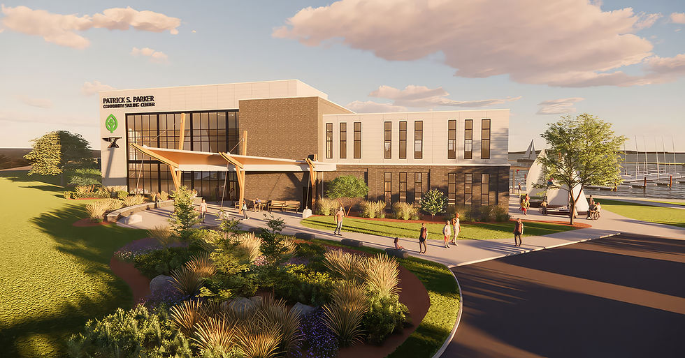 Modern hospital building with landscaped entrance