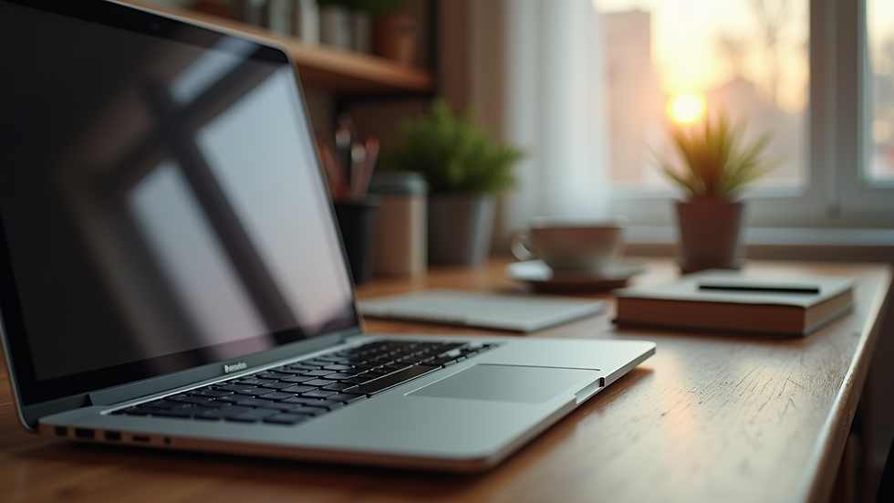 Eye-level view of a laptop on a desk with a cozy home office setup