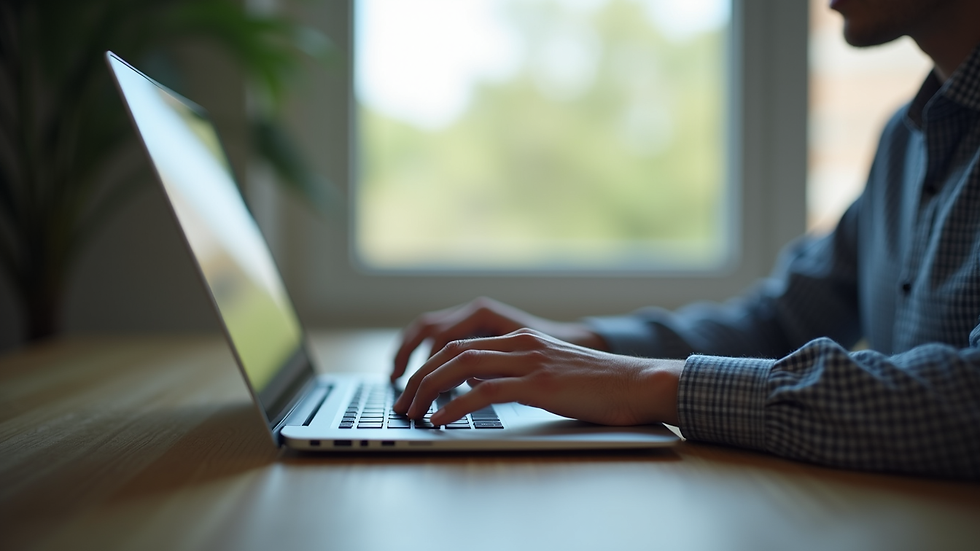 Close-up view of a person using a laptop with a calm background
