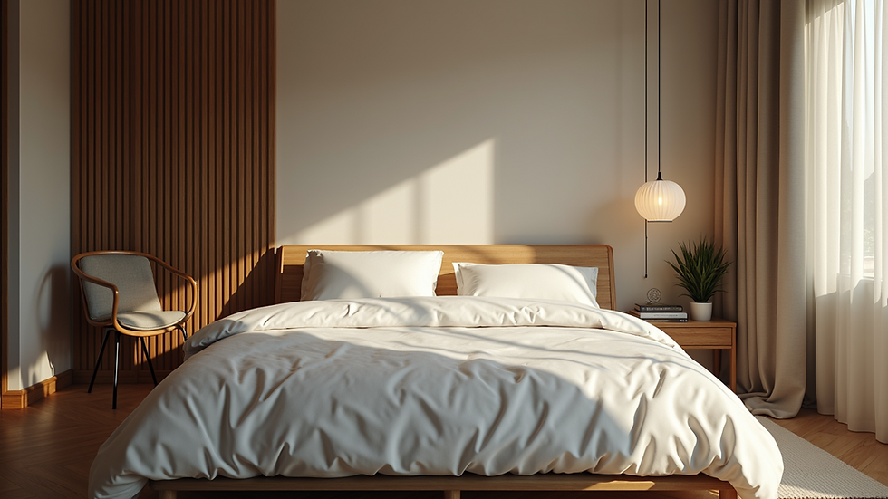 Wide angle view of a cozy bedroom featuring a well-made bed