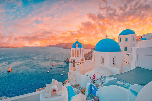 Europe summer destination. Traveling tourism, sunset scenic famous landscape of Santorini