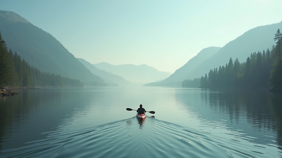 Wide angle view of a calm lake with a kayak gliding across the water